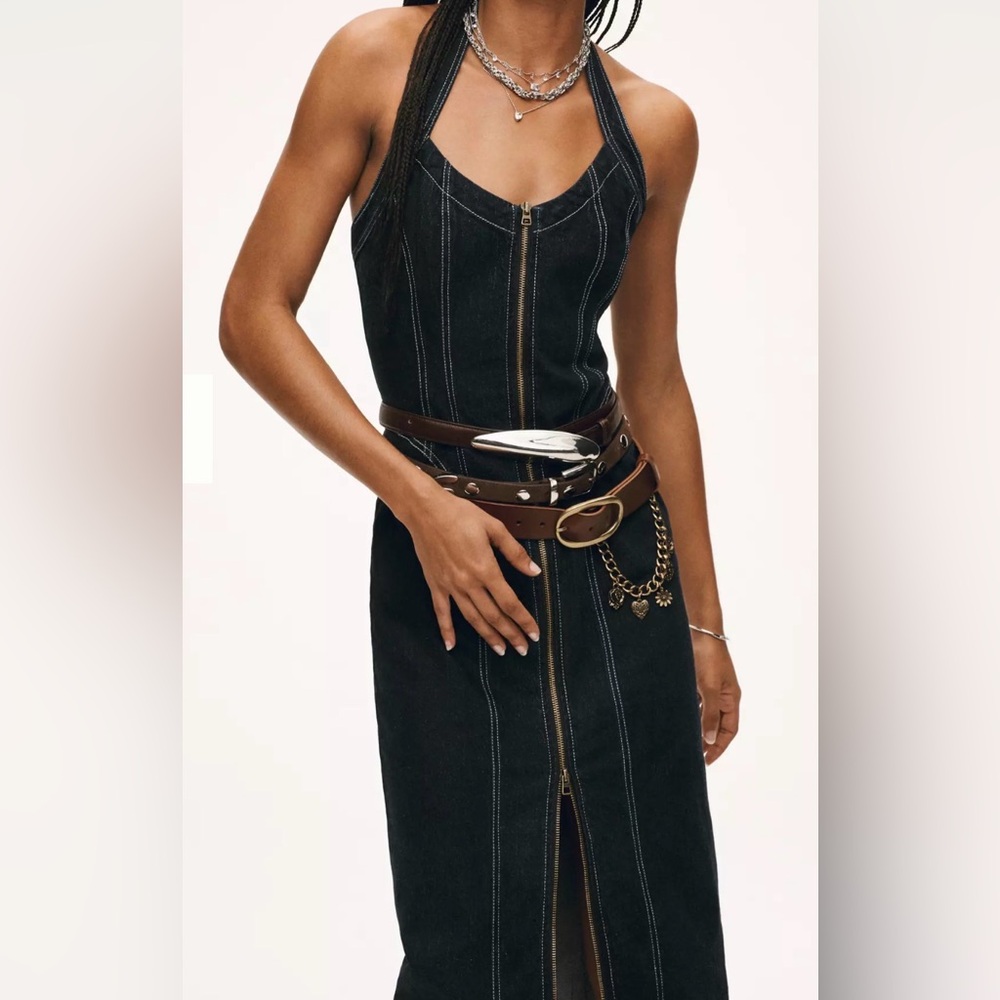 Pilcro Front-Zip Halter Denim Midi Dress
